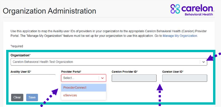 Organization Administration form with Organization, Provider Portal, Carelon Provider ID, Carelon User ID and Save; sample user name covered