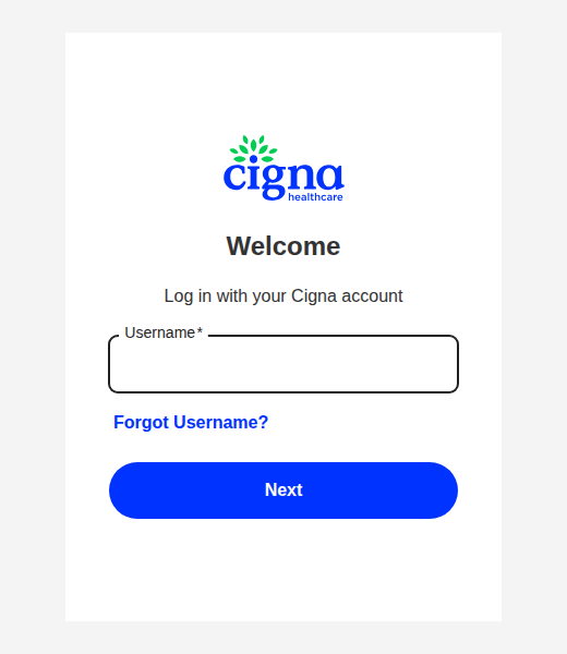 Cigna Welcome screen with Username, Forgot Username and Next