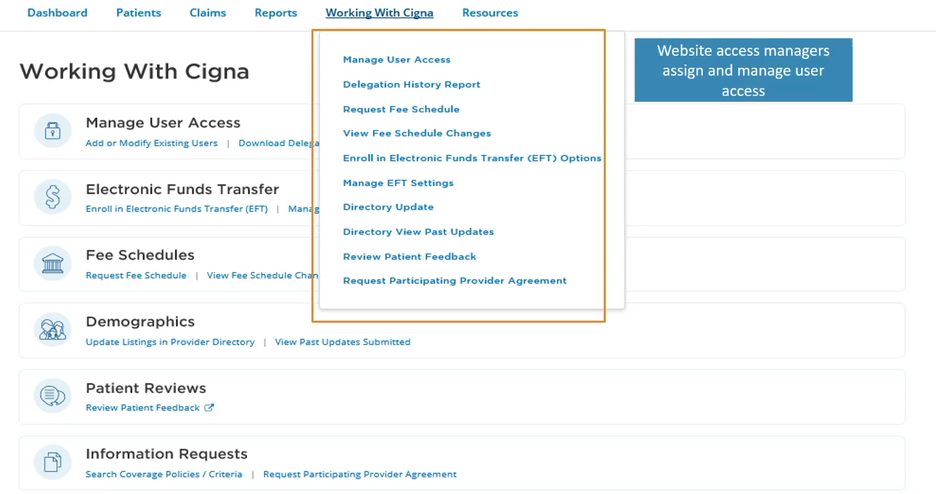 Working With Cigna menu with Manage User Access and Add or Modify Existing Users