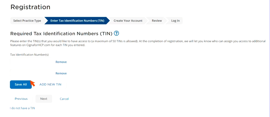 Cigna Registration with the Tax Identification Numbers step, Save All and Add New TIN controls; sample identifiers covered
