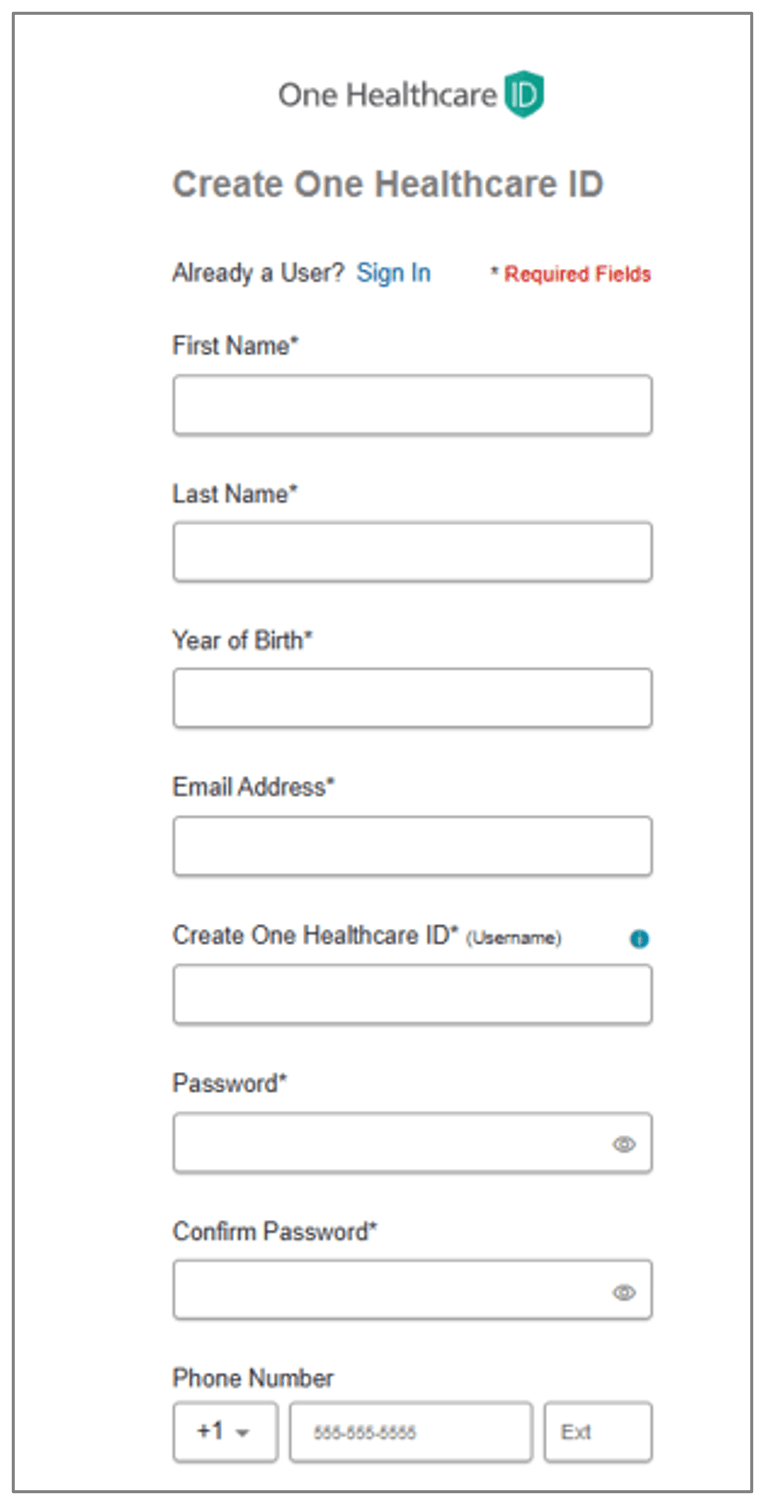 Create One Healthcare ID form with name, email, ID and password fields