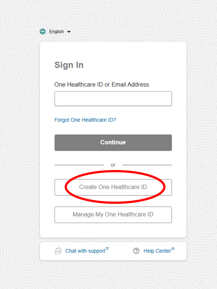 One Healthcare ID Sign In with the ID or Email Address field, Forgot One Healthcare ID and Create One Healthcare ID