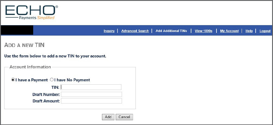 Add a New TIN with the payment option, draft number and matching amount fields; sample username masked