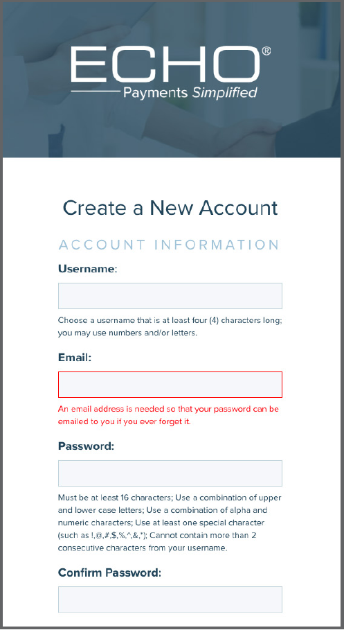 Create a New Account with username, email and password fields; follow the current field instructions