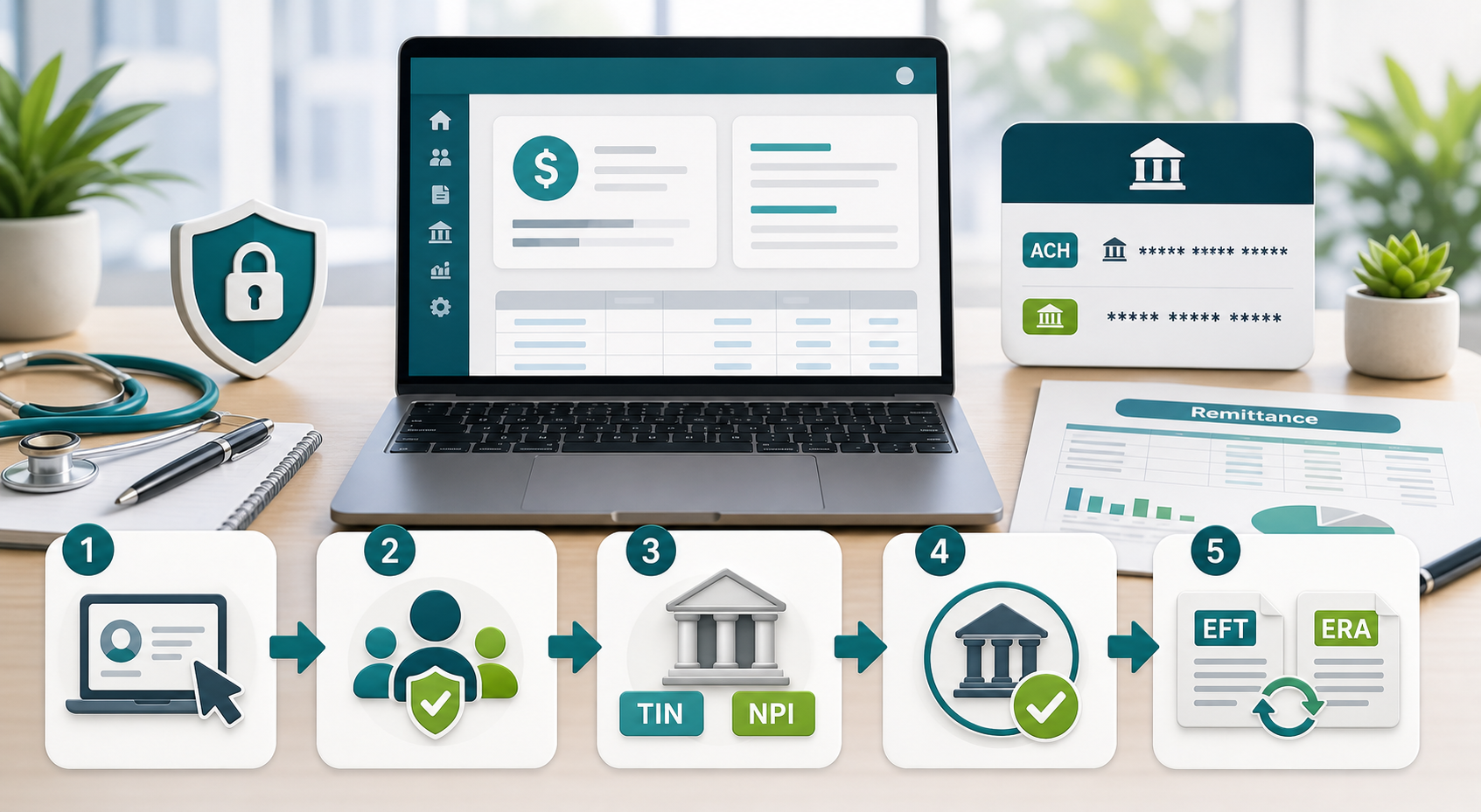Original workflow illustration showing Evernorth EFT and ERA setup steps: portal access, permissions, bank information, verification, and remittance matching.