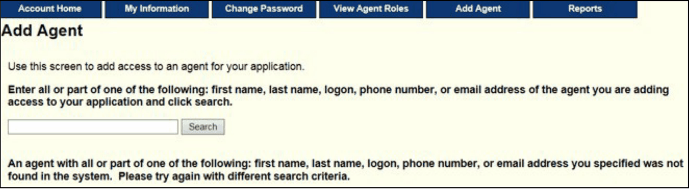 Add Agent: blank search field, Search button and agent-not-found message.