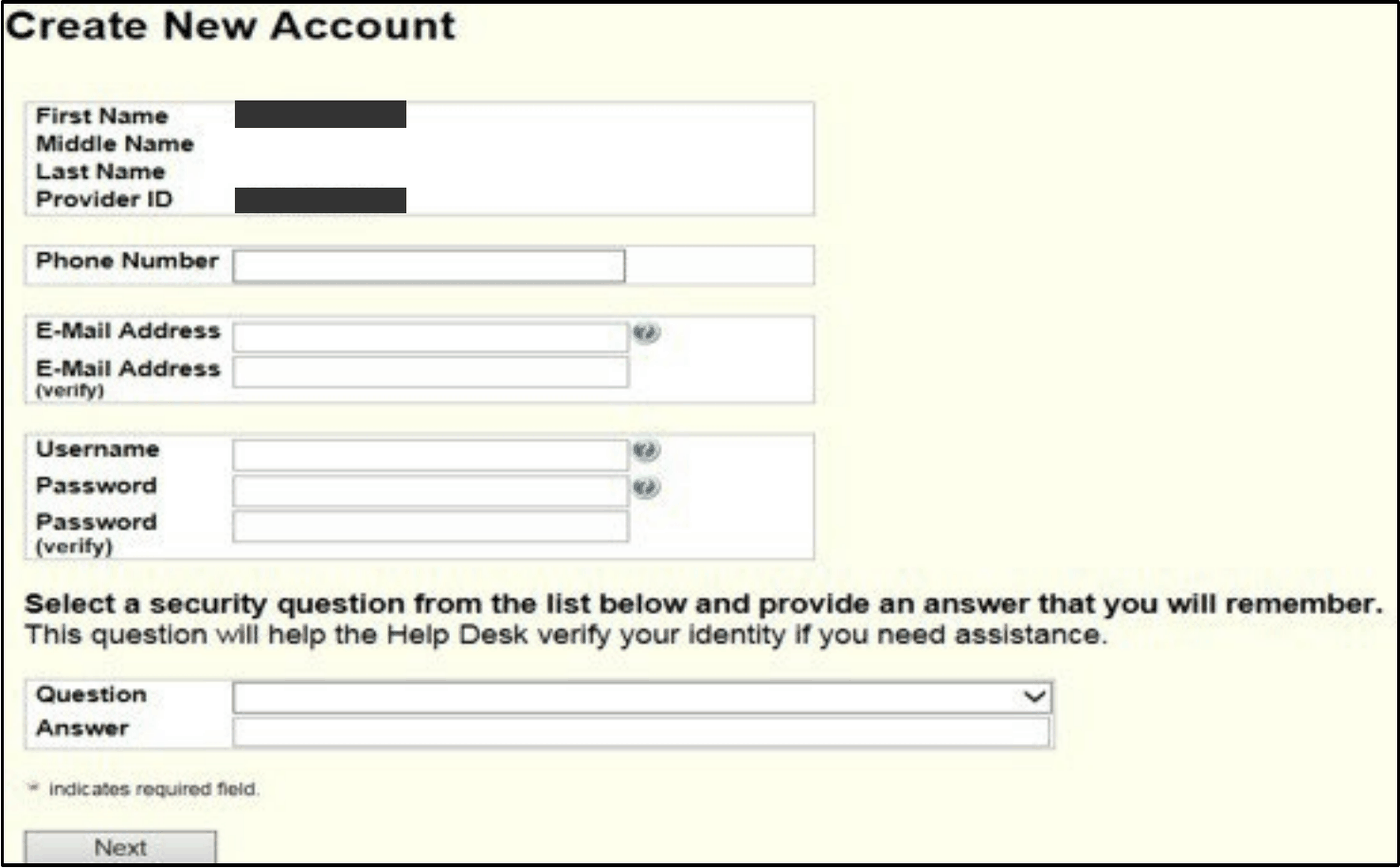 Create New Account: covered name and provider ID, phone and email fields, Username, Password, security Question and Answer, and Next.