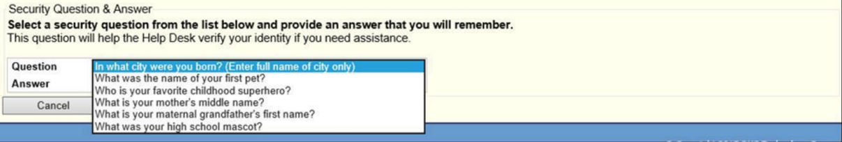 Security Question and Answer panel: open Question menu, Answer label and Cancel.