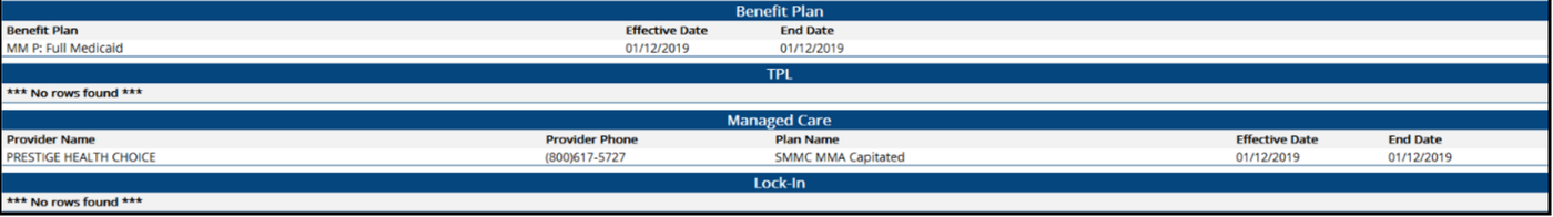 Benefit Plan and Managed Care panels with effective and end dates of 01/12/2019; TPL and Lock-In panels show No rows found.