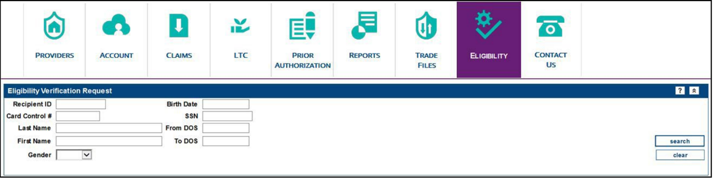 Eligibility Verification Request: blank recipient information, From DOS and To DOS fields, Search and Clear.