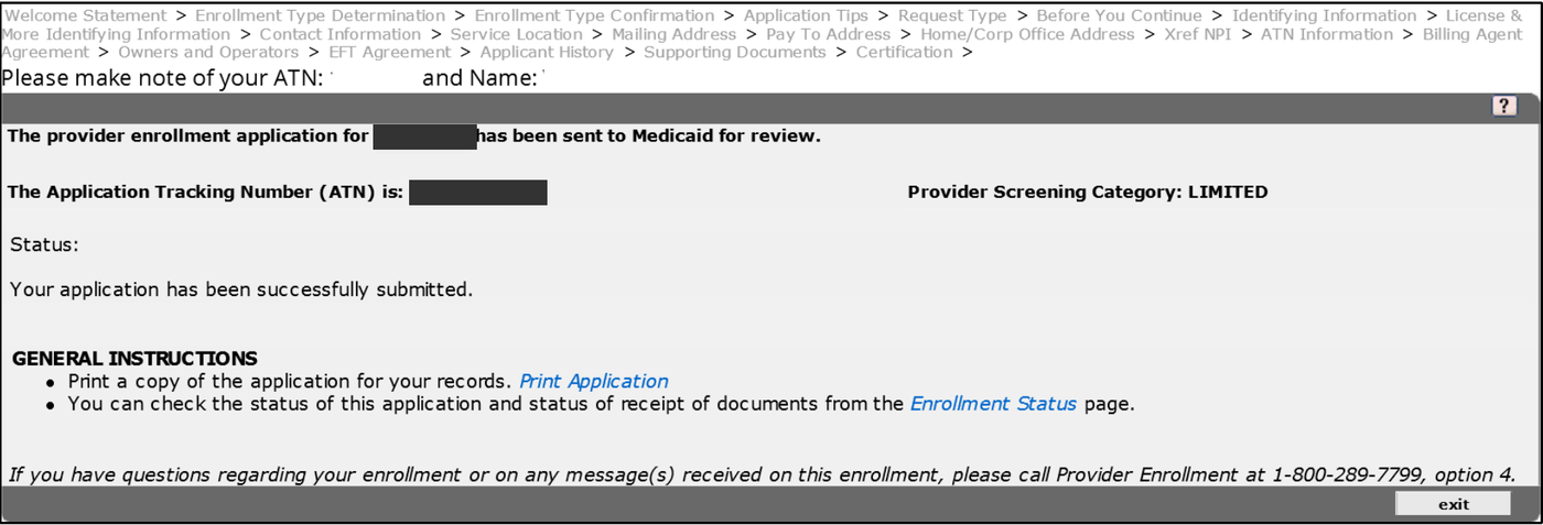 Application submitted for review, covered name and ATN, LIMITED screening category, Print Application and Enrollment Status links, and Exit.