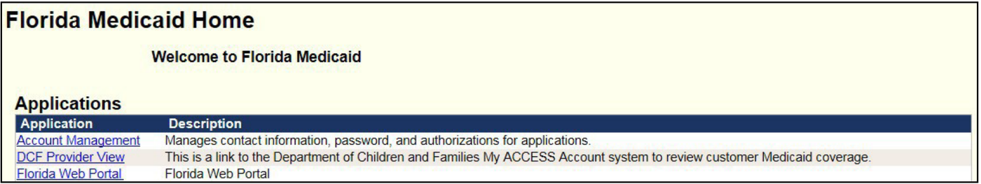 Florida Medicaid Home Applications list: Account Management, DCF Provider View and Florida Web Portal.