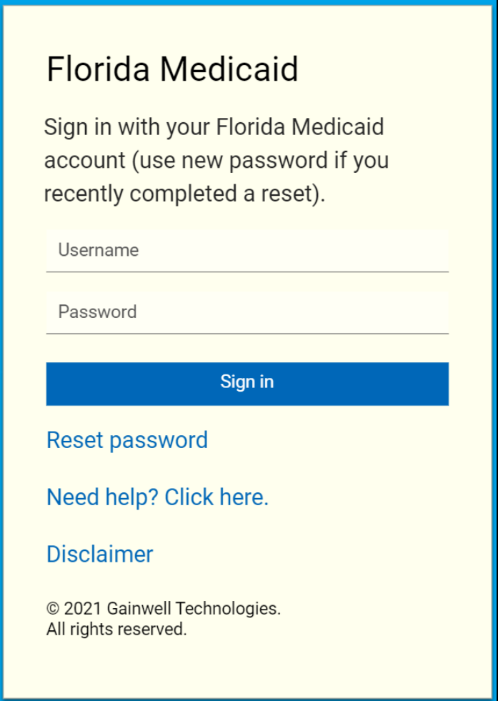 Florida Medicaid form: Username, Password, Sign in, Reset password, Need help? Click here, and Disclaimer.