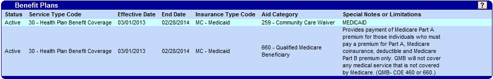 Benefit Plans panel with Status, Service Type Code, Effective Date, End Date, Insurance Type Code, Aid Category and Special Notes or Limitations.