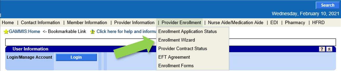 Provider Enrollment menu with Enrollment Application Status, Enrollment Wizard, Provider Contract Status, EFT Agreement and Enrollment Forms.
