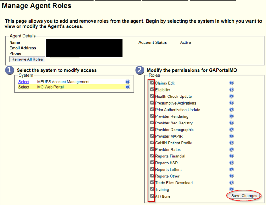 GAMMIS Manage Agent Roles with MO Web Portal selected, role checkboxes and Save Changes.