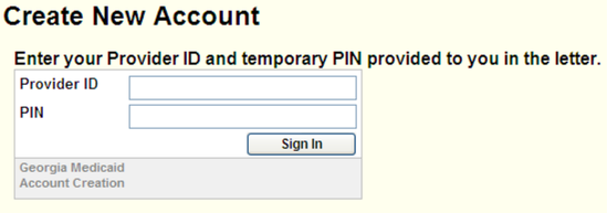 GAMMIS Create New Account with Provider ID and PIN fields and Sign In.