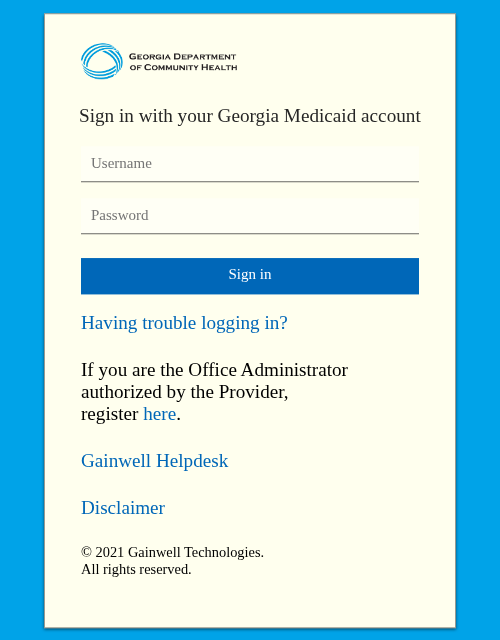 GAMMIS sign-in page with Username, Password, Sign in, Having trouble logging in?, administrator registration and Gainwell Helpdesk links.