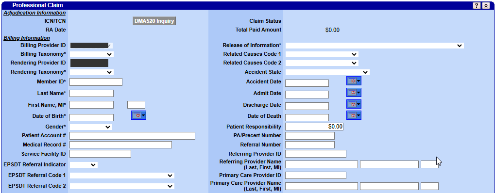 Professional Claim panel with masked Billing Provider ID and Rendering Provider ID, taxonomy fields, blank member fields, Claim Status, Release of Information and referral fields.