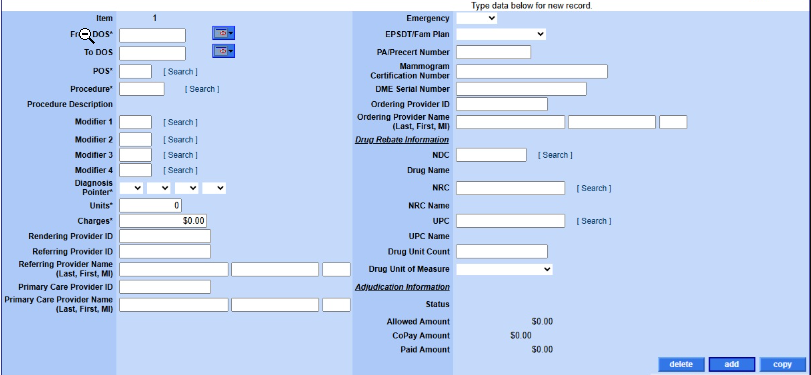 Professional claim detail fields with From DOS, To DOS, POS, Procedure, four modifiers, Diagnosis Pointer, Units, Charges and Rendering Provider ID.