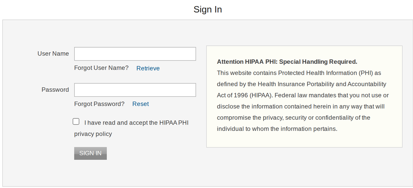 Sign In page with User Name and Retrieve, Password and Reset, HIPAA privacy acceptance checkbox, SIGN IN button and privacy notice.