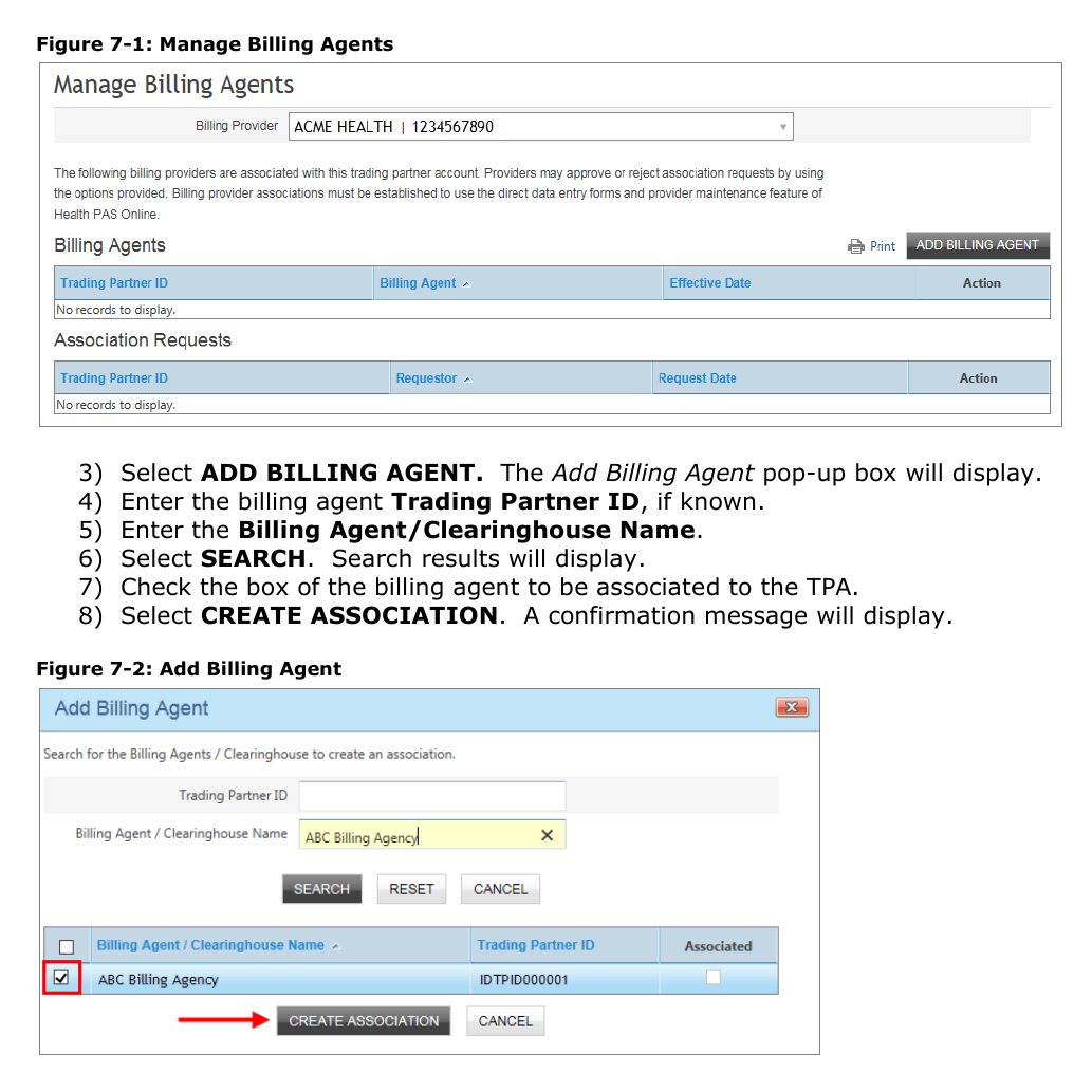Idaho Medicaid public guide screenshot showing Manage Billing Agents and Add Billing Agent association workflow.
