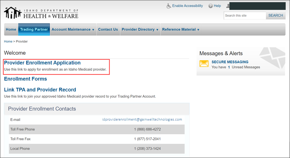 Idaho Medicaid public guide screenshot showing Provider Enrollment Application link inside a Trading Partner Account.