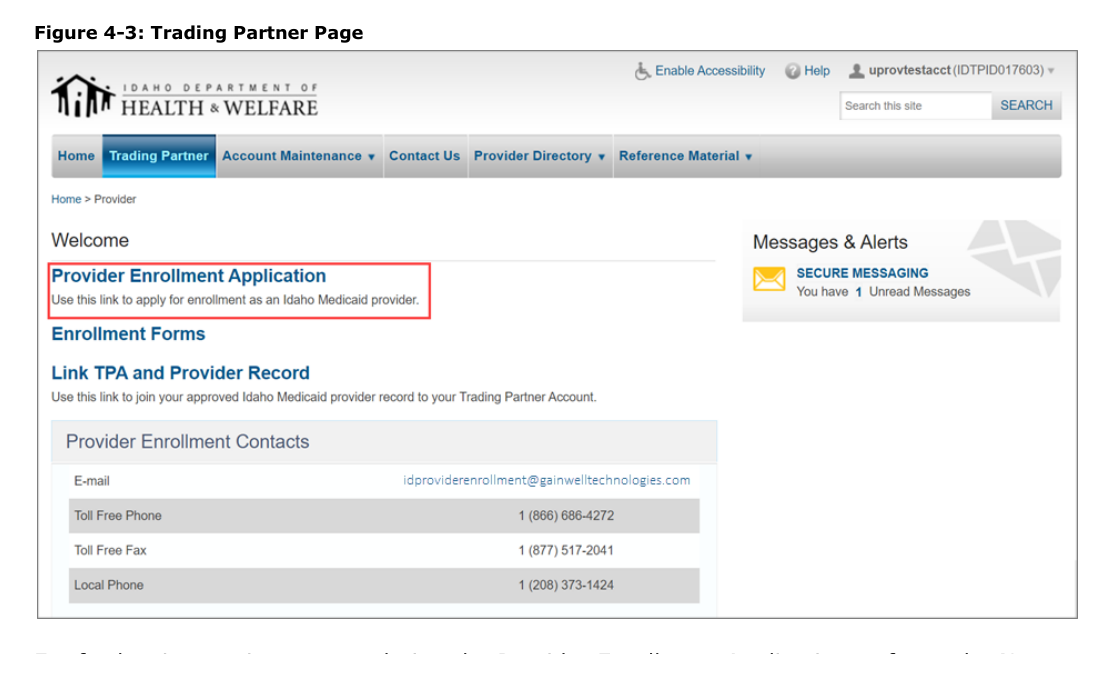 Idaho Medicaid public guide screenshot showing Provider Enrollment Application link inside a Trading Partner Account.