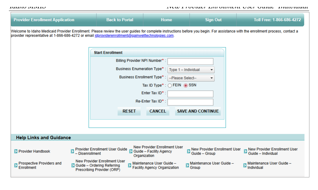 Idaho Medicaid public guide screenshot showing the provider enrollment start form.