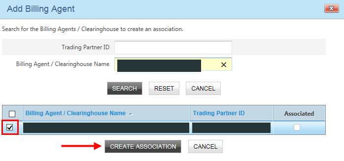 Add Billing Agent dialog with Trading Partner ID and Billing Agent/Clearinghouse Name search, SEARCH, RESET, CANCEL, result checkbox and CREATE ASSOCIATION; sample identifiers are masked.
