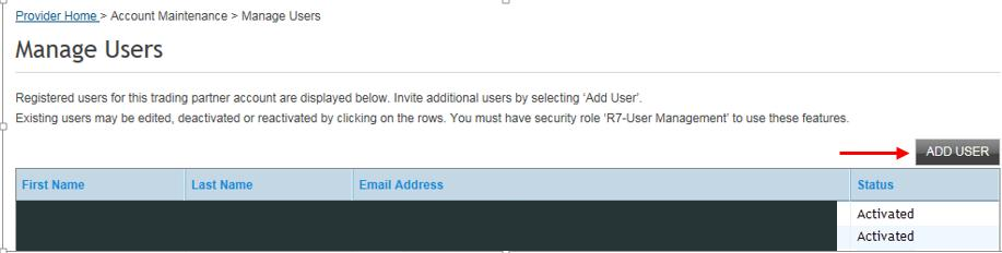 Manage Users page with ADD USER button, First Name, Last Name, Email Address and Status columns; sample names and emails are masked.