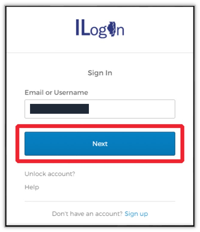 ILogin Sign In form with Email or Username, Next and Sign up controls