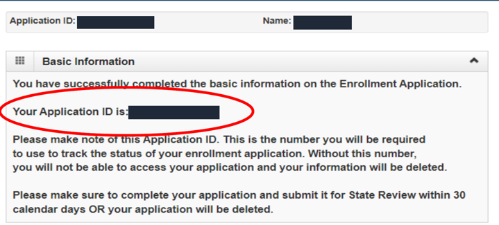 IMPACT group application confirmation with the application-ID field masked; record your own ID to return to the saved application