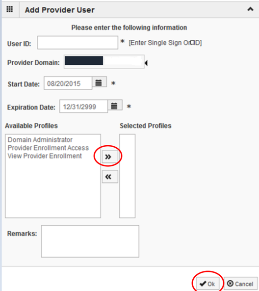 IMPACT Add Provider User form with User ID, access-profile choices and effective dates