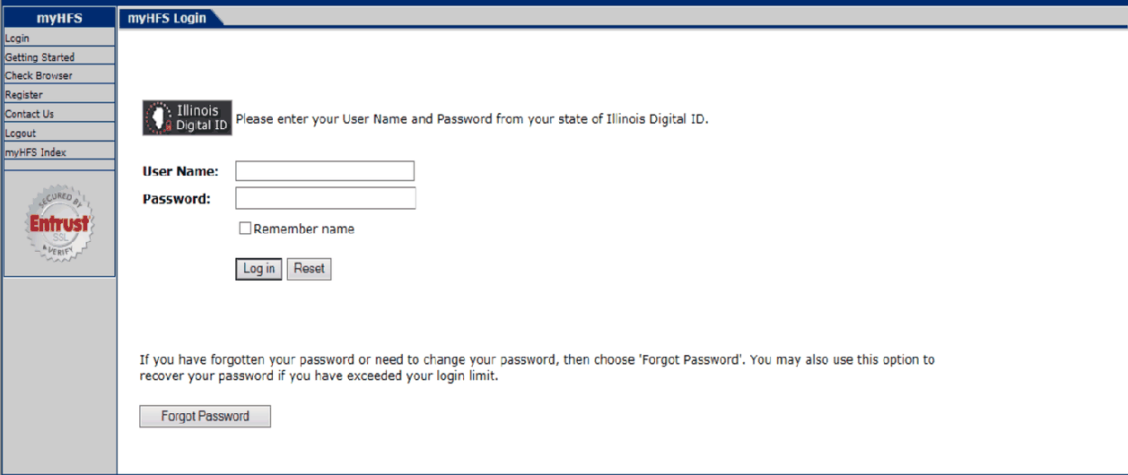 myHFS Login form with Digital ID username, password, Log In and password-recovery controls