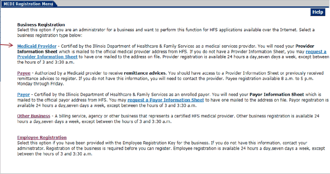 MEDI Registration Menu with Medicaid Provider, Other Business and Employee Registration options; choose the applicable relationship