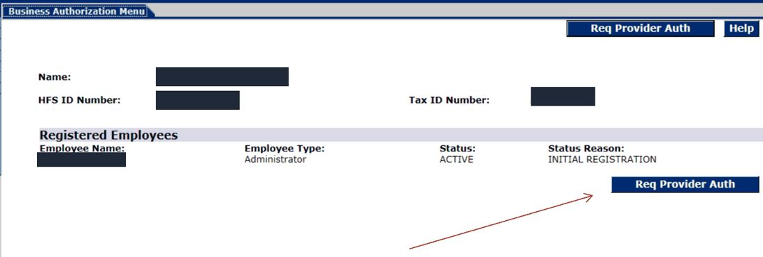 MEDI Business Authorization Menu with Req Provider Auth buttons and Registered Employees; sample names and identifiers are masked
