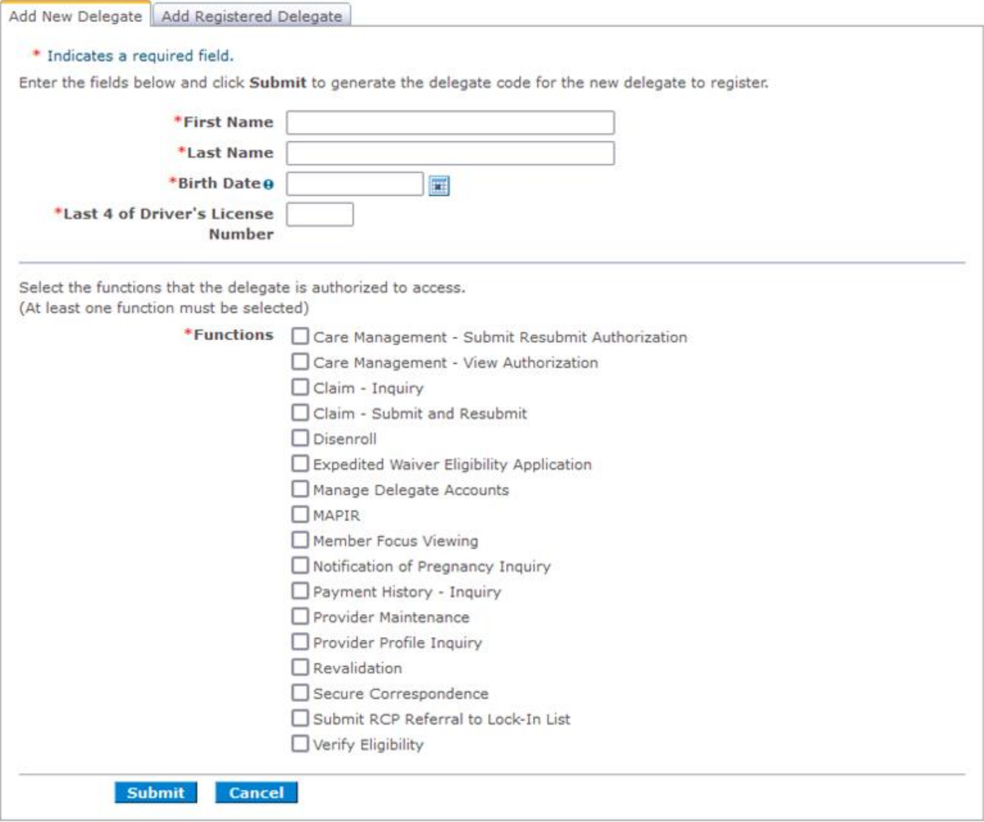 Add New Delegate: enter the biller’s identity details, select permitted functions and Submit