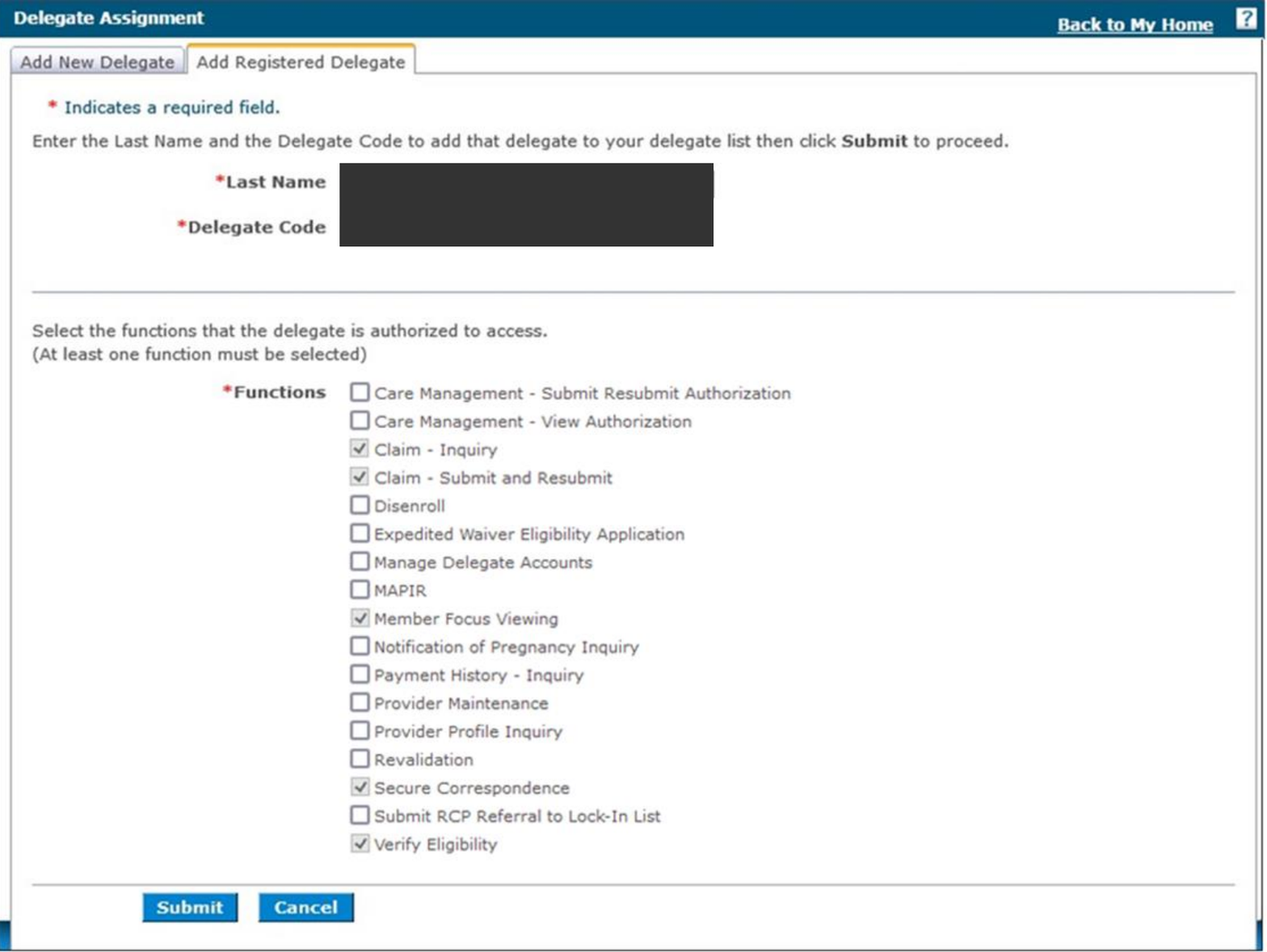 Add Registered Delegate: use the last name and delegate code, select permitted functions and Submit