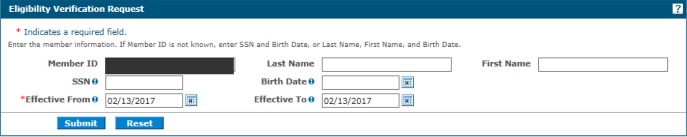 Eligibility Verification Request: enter the member search details and effective dates, then select Submit