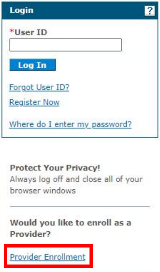 Public PHP homepage: choose Provider Enrollment below the login area to start enrollment