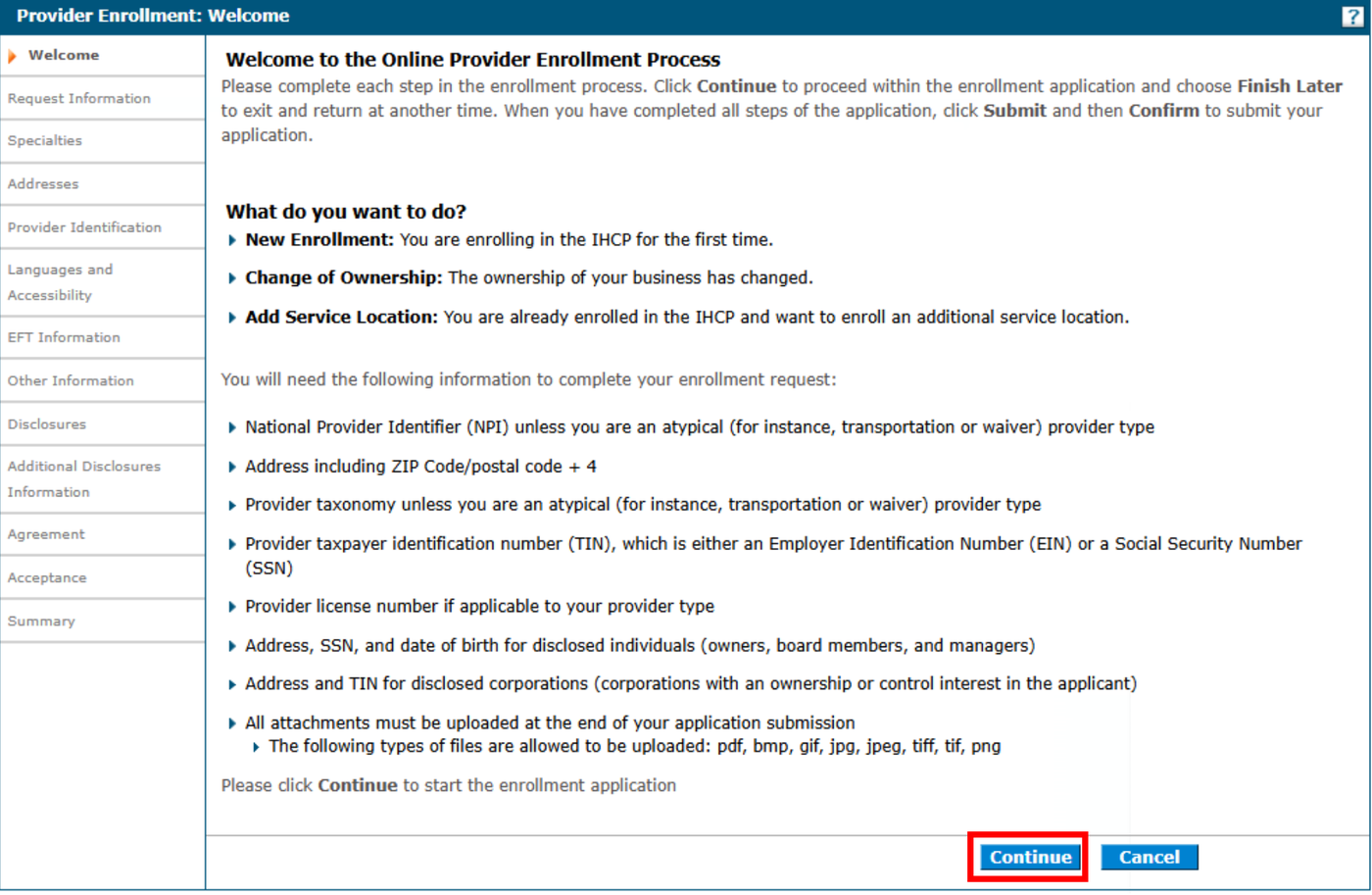 Provider Enrollment Welcome: review the applicable enrollment action and required information, then choose Continue