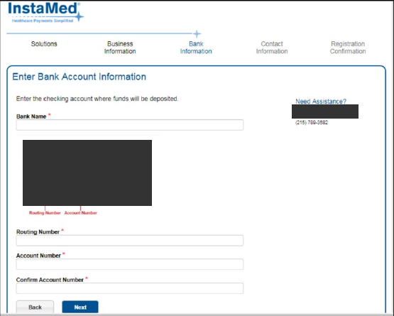 InstaMed enrollment bank-information fields for the EFT deposit account, routing number and account confirmation