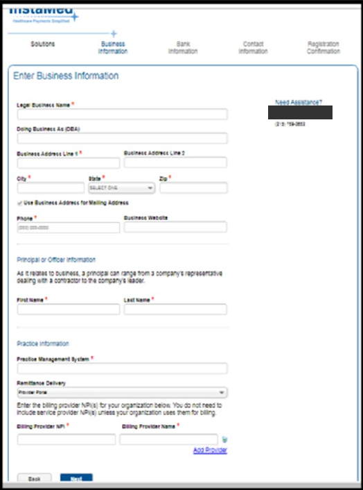 InstaMed registration business-information fields for the practice legal name, address and billing provider