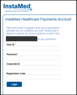 InstaMed existing-account sign-in prompt with User ID, password and Corporate ID fields in the provider manual