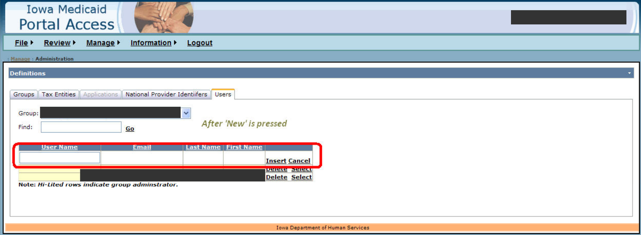 IMPA Users table, User Name input, Insert/Cancel and existing-user Delete/Select controls