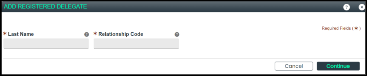 KMAP Add Registered Delegate form with required Last Name and Relationship Code fields and the Continue button.