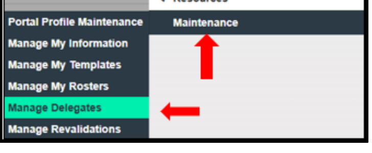 KMAP Provider Portal Maintenance menu with Manage Delegates highlighted.