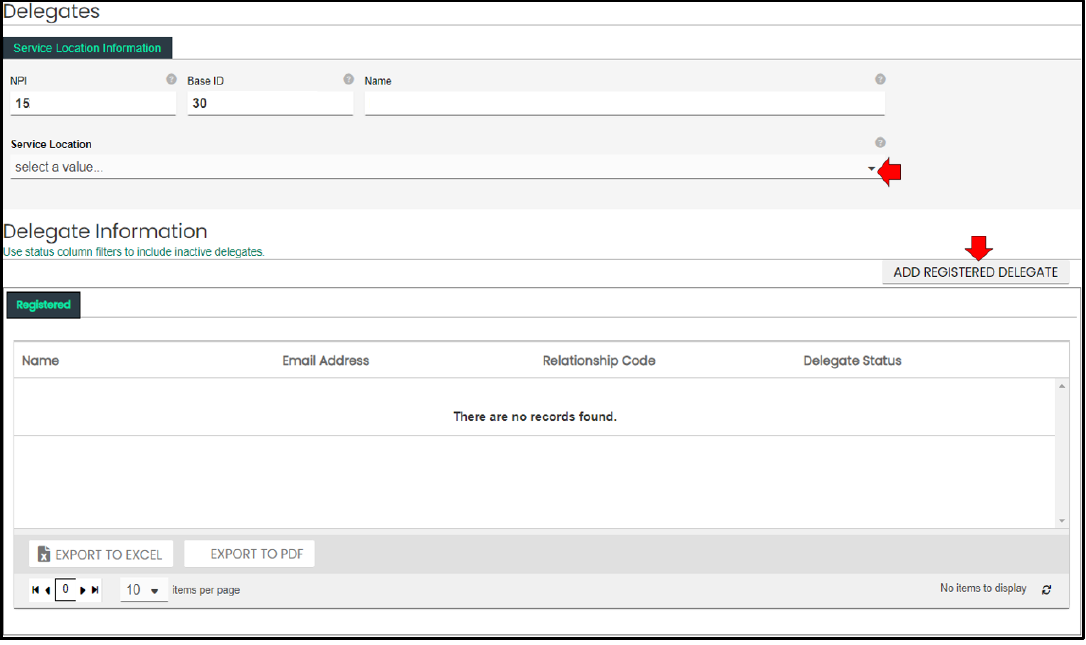 KMAP Delegates page showing the service-location selector and Add Registered Delegate button.