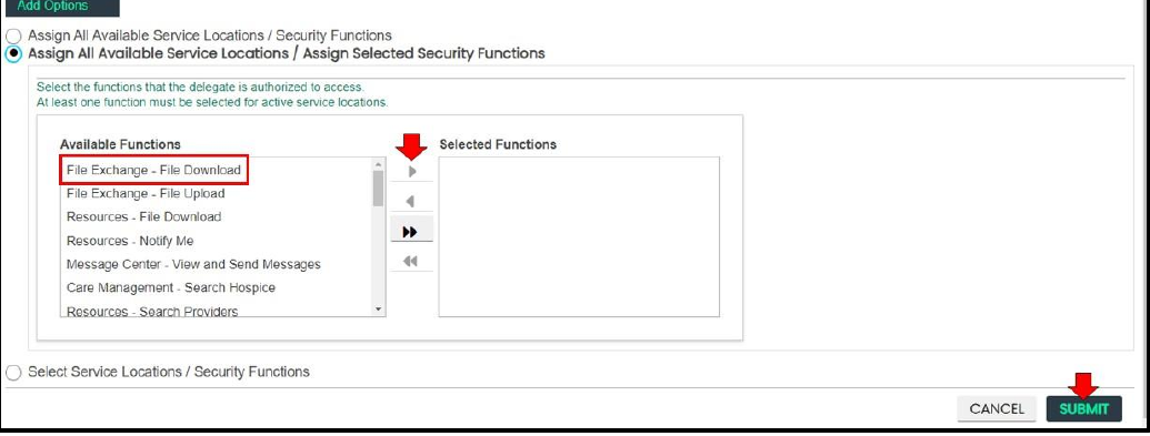 KMAP delegate-access options showing Assign Selected Security Functions, available and selected function lists, and Submit.